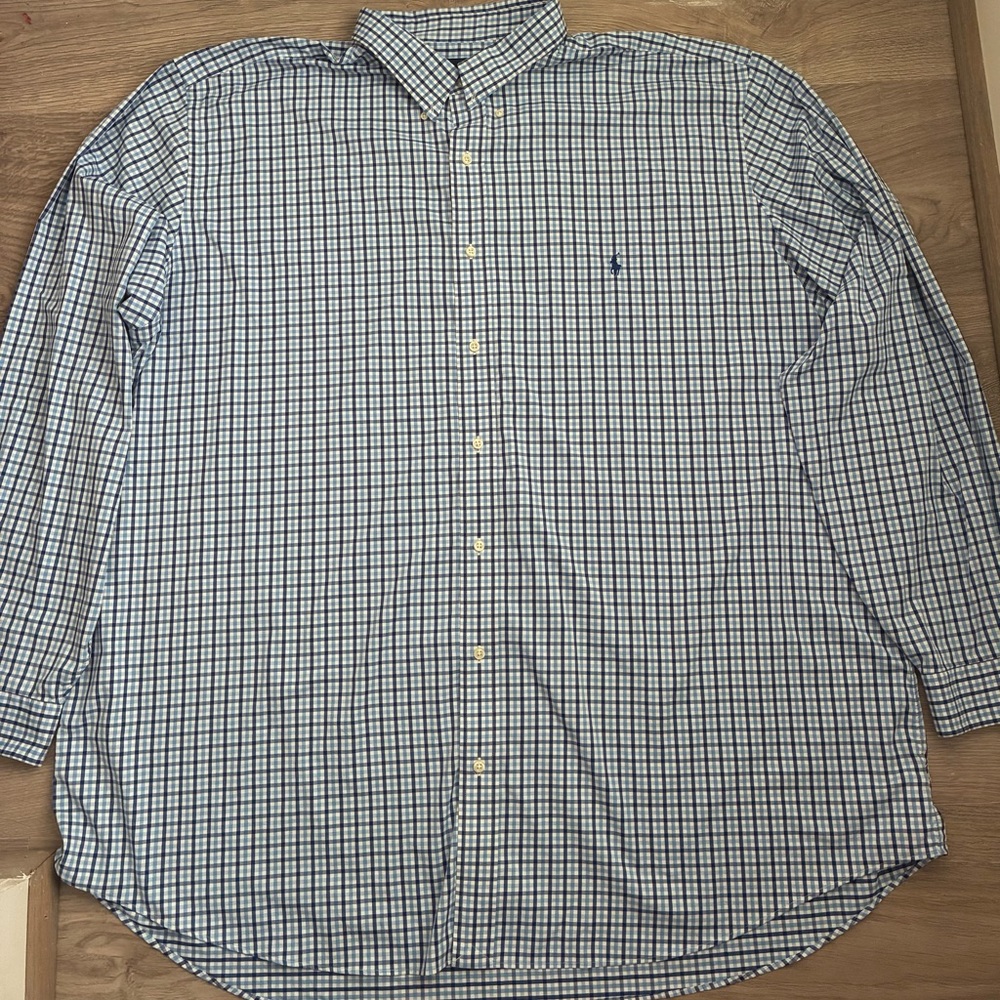 Ralph Lauren Men's Blue and White Checkered Dress Shirt